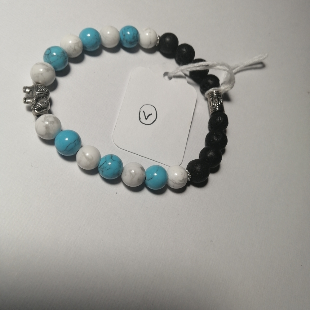 Blue and White Howlite Beaded Elephants Bracelet With Lava Beads Size Large - Picture 2 of 2